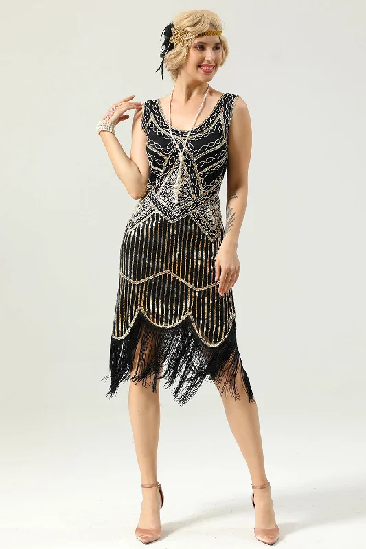 Black Deep V Neck Flapper 1920s Dress