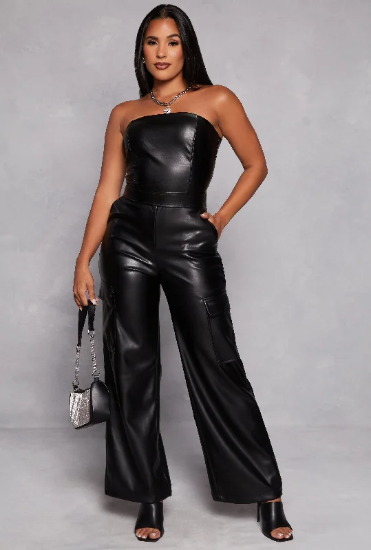 Faux Leather Strapless Cargo Jumpsuit