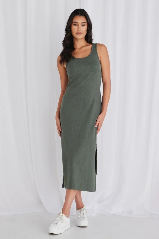 Ember Khaki Square Neck Rib Knit Tank Dress