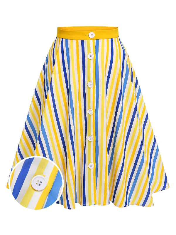 1950s Yellow White Blue Striped Button Skirt