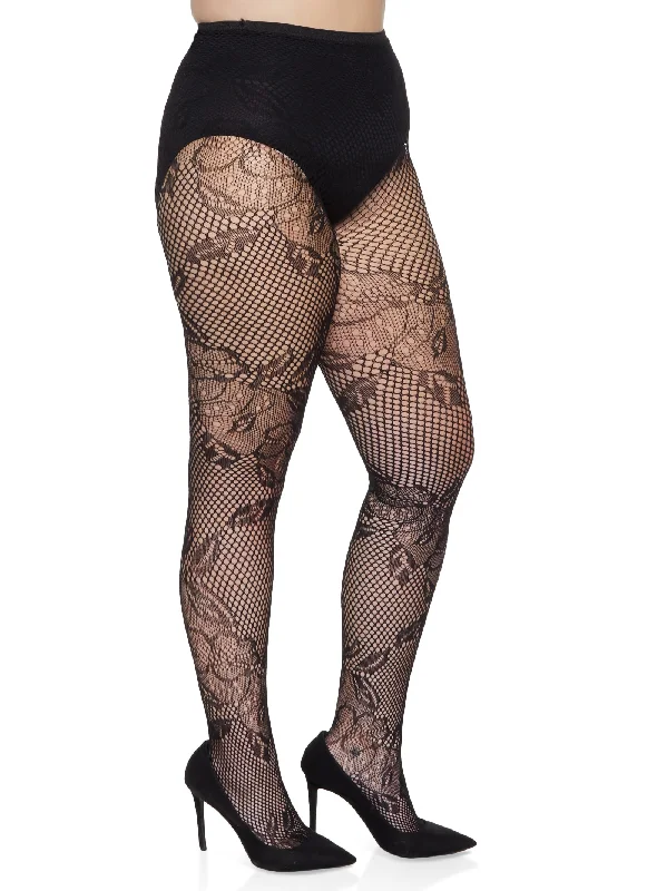 Plus Size Floral Fishnet High Waisted Tights