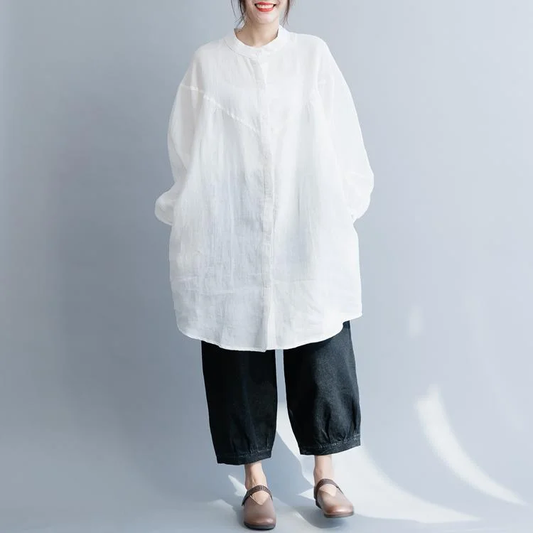 Italian white cotton linen tunic top Fine Shirts stand collar Button Down silhouette spring blouses