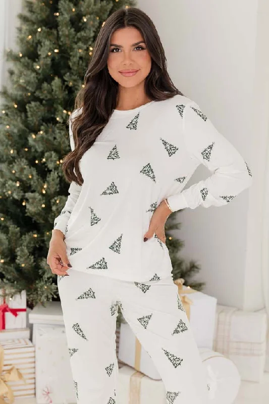 Merry All The Way Cream Christmas Tree Print Pajama Top FINAL SALE