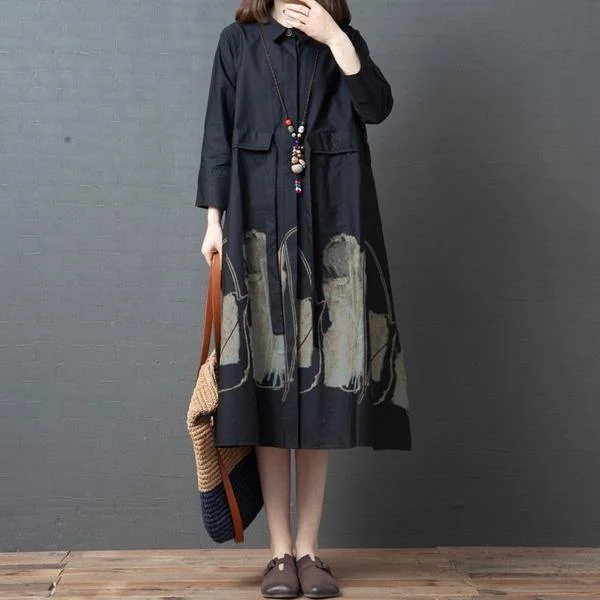 New Arrival 2021 Autumn Arts Style Vintage Print Turn-down Collar Loose Female Cotton Shirt Dress