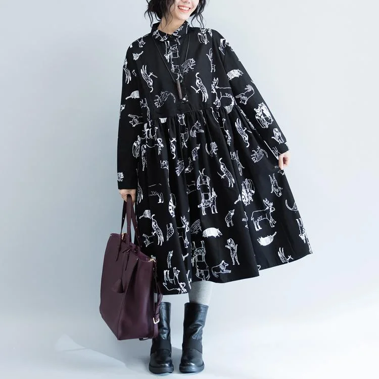 New Black Print 2021 Fall Dress Plus Size Clothing Turn-down Collar Large Hem Cotton Gown Fine Long Sleeve Baggy Dresses