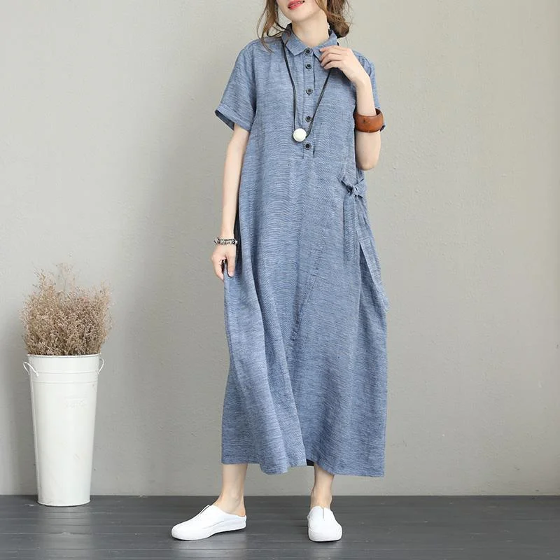 New Blue Linen Dresses Loose Fitting Turn-down Collar Linen Gown Boutique Short Sleeve Tie Waist Gown