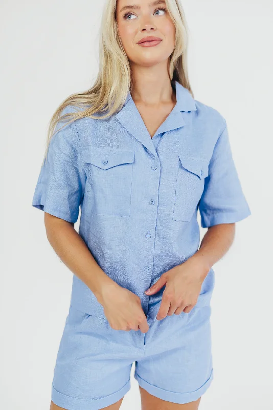 Tropez 100% Linen Utility Top in Blue - Nursing Friendly