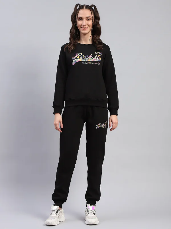 Women Black Printed Round Neck Full Sleeve Tracksuit