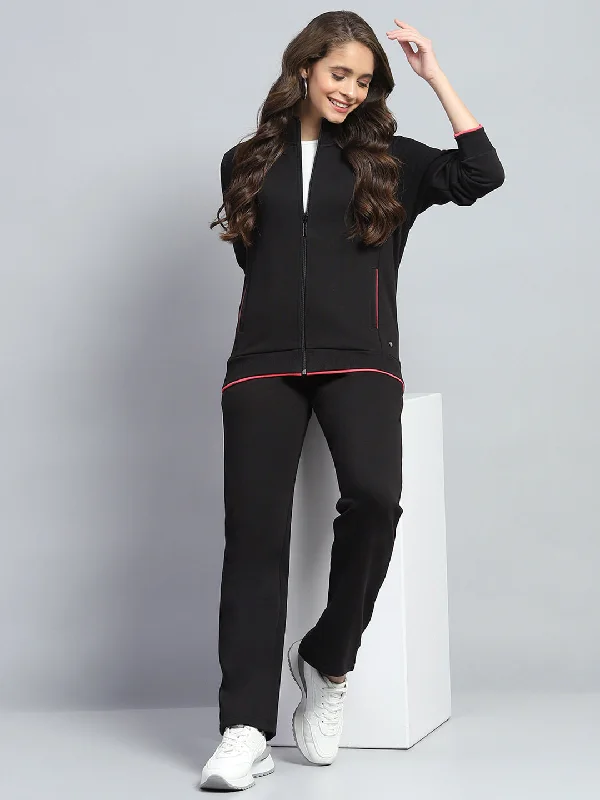 Women Black Solid Mock Neck Full Sleeve Winter Tracksuit