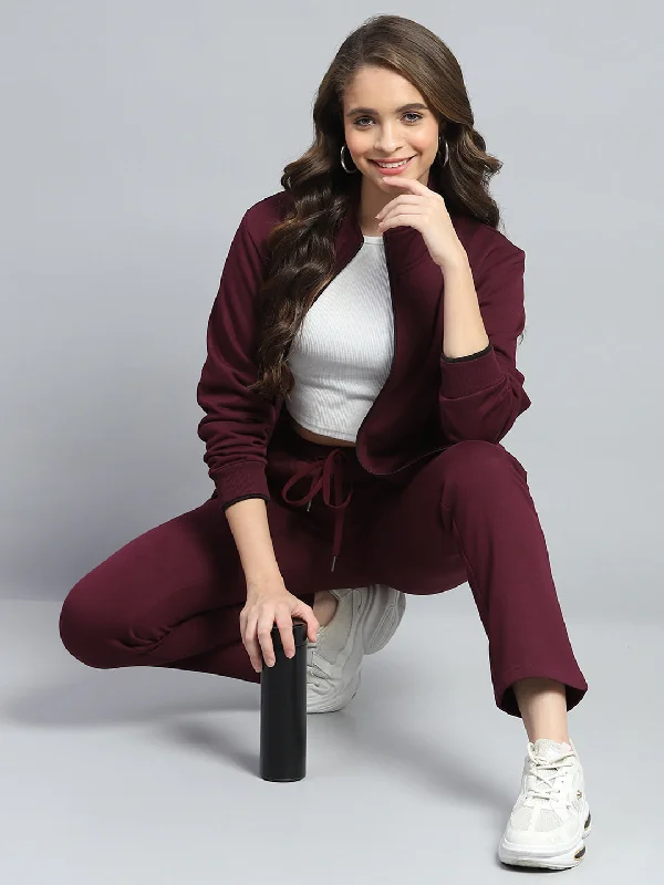 Women Maroon Solid Mock Neck Full Sleeve Winter Tracksuit